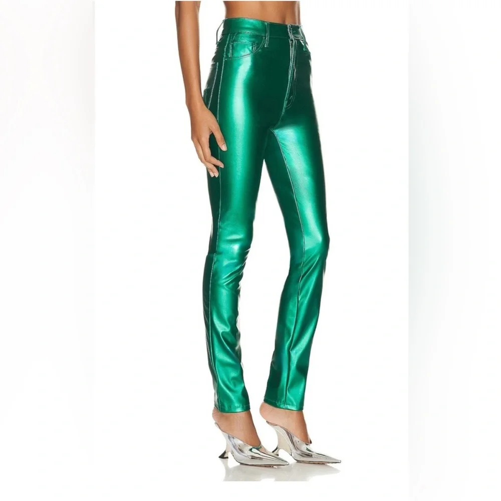 NWT MOTHER Rails Skimp High-waisted Shiny Green Faux Leather Pants - sz 30 -$228 - Picture 4 of 8
